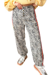 Brown Leopard Print Rainbow Striped Detail Buttoned Loose Jogger Jeans - Damesmode Afbeelding 5 - Miniatuur