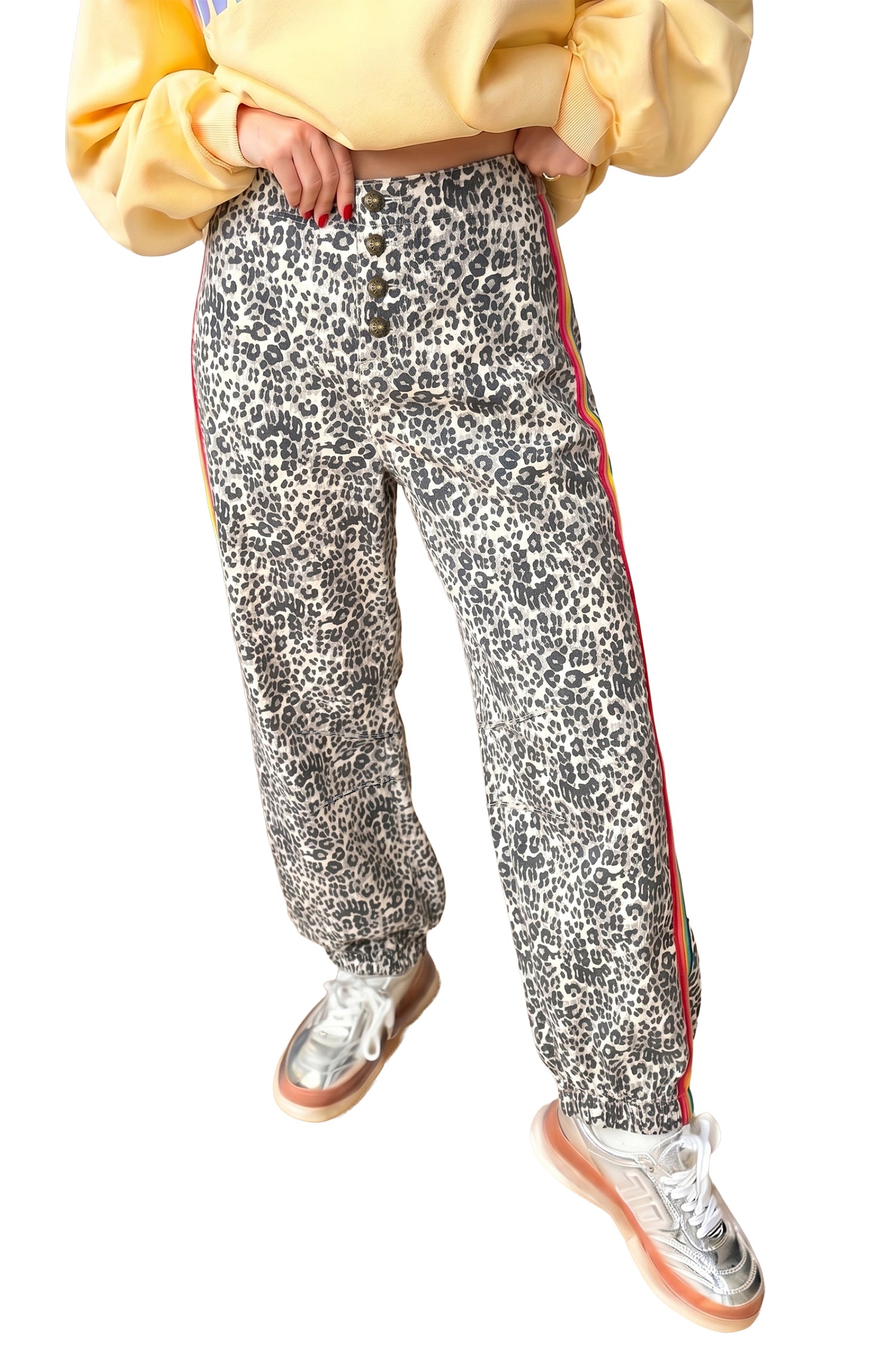 Brown Leopard Print Rainbow Striped Detail Buttoned Loose Jogger Jeans - Damesmode Afbeelding 5