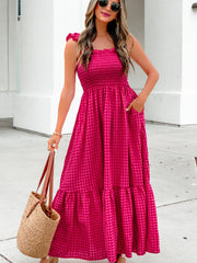 Rotes kariertes, quadratisches Urlaubs-Sommerkleid mit ausgestelltem Ausschnitt - Miniatuur