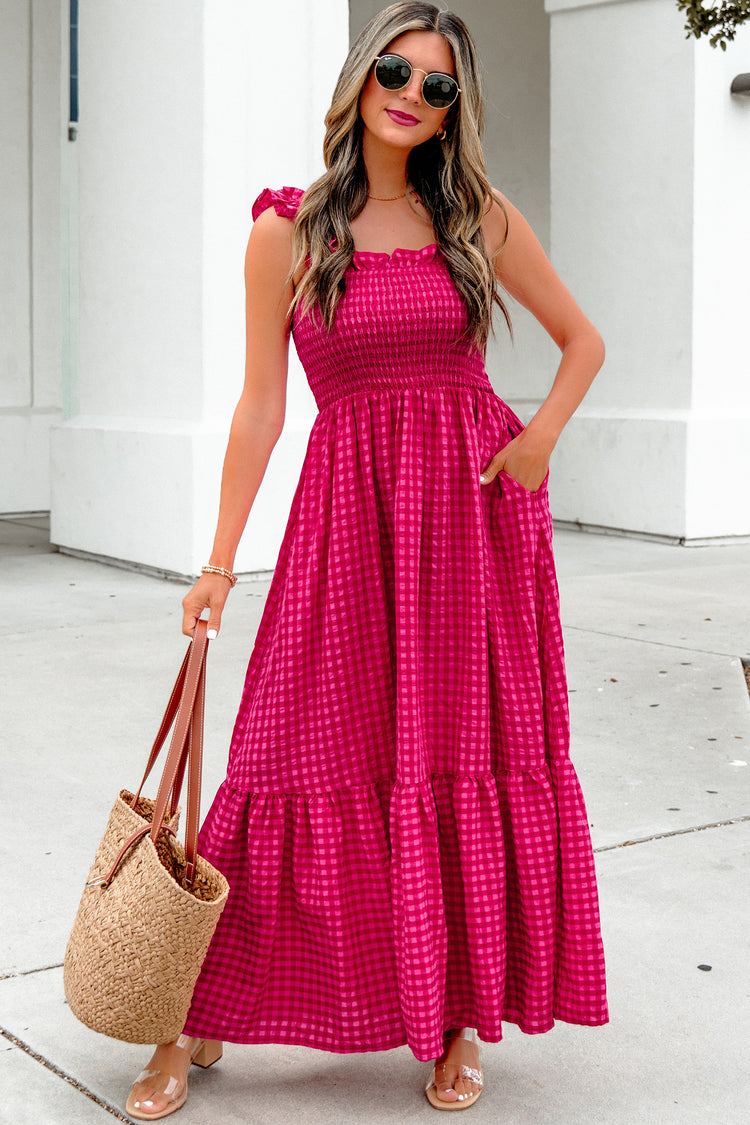 Red Plaid Square Neck Fit-and-flared Vacation Sundress - Damesmode