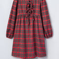 Rotkarierte Krawatte vorne langärmeliges Kurzdeckungskleid - Foto 6