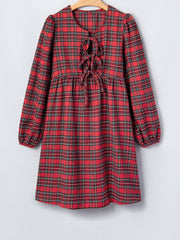 Red Plaid Tie Front Long Sleeve Short Shift Dress - Miniatuur