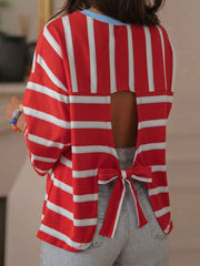 Racing Red Striped Bow Tie Hollowed Back 7/8 Sleeve Casual T-Shirt - Miniatuur