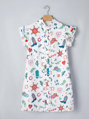 White Western Print Flutter Sleeve Button Down Mini Dress - Miniatuur