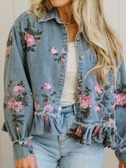 Sky Blue Floral Print Raw Seam Ruffle Hem Denim Jacket - Miniatuur
