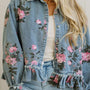Sky Blue Floral Print Raw Seam Ruffle Hem Denim Jacket