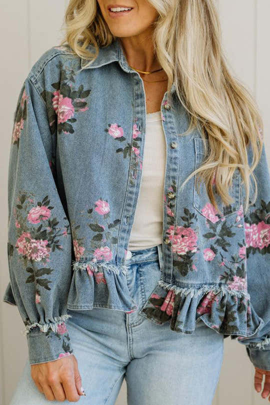 Sky Blue Floral Print Raw Seam Ruffle Hem Denim Jacket