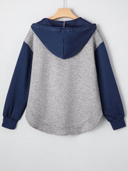 Ljusgrå färgblock-patchwork V-hals dragsko-hoodie - Miniatuur