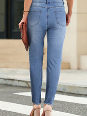Sky Blue Double Button Raw Hem Slim Fit Jeans - Miniatuur