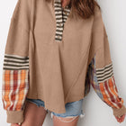 Strohgelber Waffelstreifen-Karo-Patchwork-Henley-Strickoberteil - Thumbnail