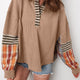 Straw Geel Waffle Stripe Plaid Patchwork Henley Gebreid Top