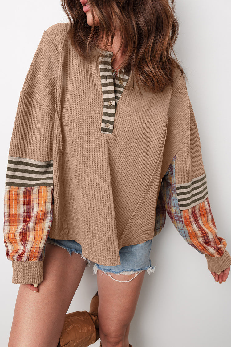 Straw Yellow Waffle Stripe Plaid Patchwork Henley Knit Top - Damesmode