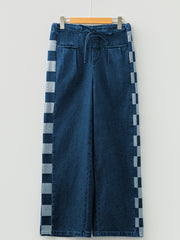 Sail Blue karierte Seitenpaneel Patchwork Kordelzug, lockere Jeanshosen - Miniatuur