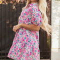Pink Floral Collared Half Placket Short Sleeve Loose Dress - Foto 3