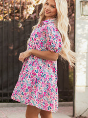 Rosa blommig klänning med halv placket och kortärmad lös klänning - Miniatuur