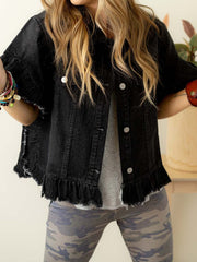 Chaqueta vaquera negra de manga corta con volantes con borde crudo - Damesmode Afbeelding 1 - Miniatuur