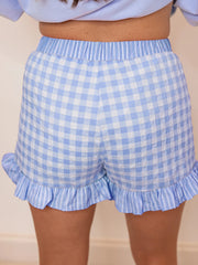 Sky Blue Gingham Print Ruffle Striped Detail Lace Tie Shorts - Miniatuur
