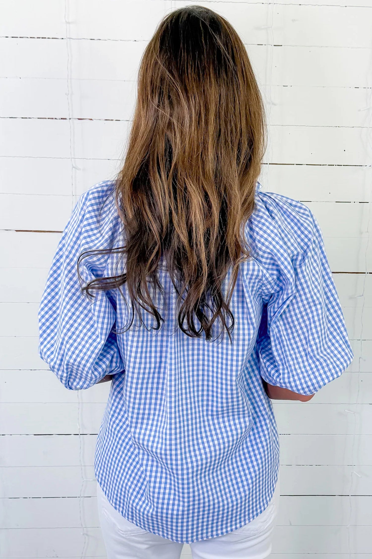 Bluse à manches bouffantes à manche en V bleu été bleu été