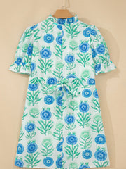 Vestido de manga corta con estampado floral azul celeste, medio botón con volantes y manga corta - Miniatuur