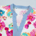 Beige Floral Print Short Puff Sleeve Striped Trim V Neck Blouse - Damesmode Afbeelding 5 - Foto 5