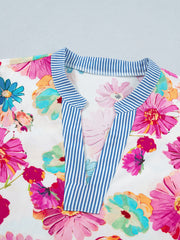 Beige Floral Print Short Puff Sleeve Striped Trim V Neck Blouse - Damesmode Afbeelding 5 - Miniatuur