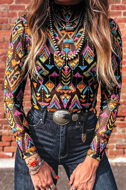 Color black Abstract Print Long Sleeve Stand Neck Mesh Top