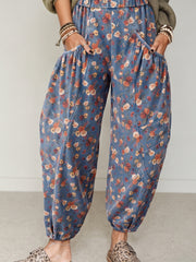 Beau Blue Retro Floral Print Elastic Waist Pocketed Barrel Jeans - Damesmode Afbeelding 4 - Miniatuur