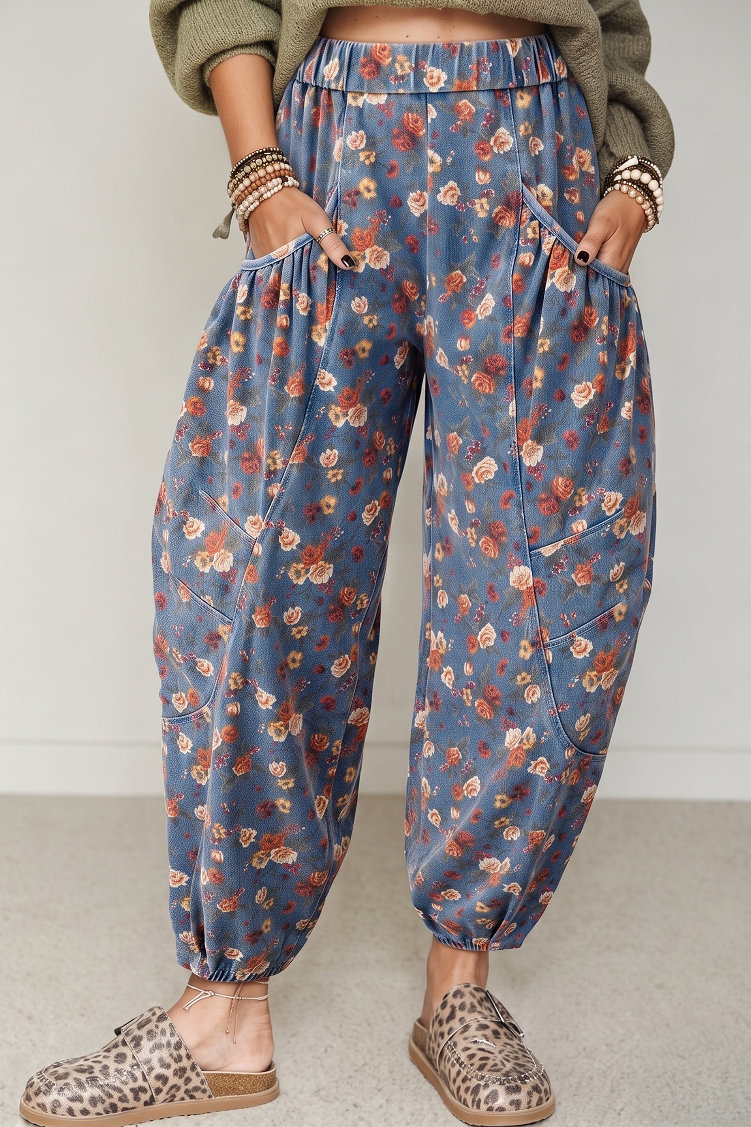 Beau Blue Retro Floral Print Elastic Waist Pocketed Barrel Jeans - Damesmode Afbeelding 4
