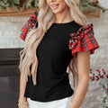 Black Plaid Pearl Ruffle Short Sleeve Loose T Shirt - Damesmode Afbeelding 3 - Foto 3