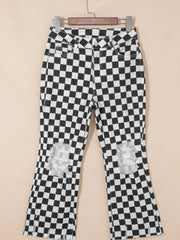 Imprimé en damier noir, trous vieillis, jeans courts à bord brut - Damesmode Afbeelding 4 - Miniatuur