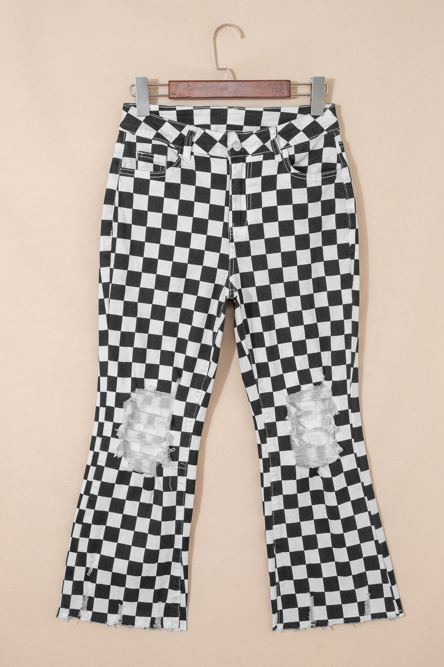 Black Checkerboard Print Distressed Holes Raw Edge Cropped Jeans - Damesmode Afbeelding 4