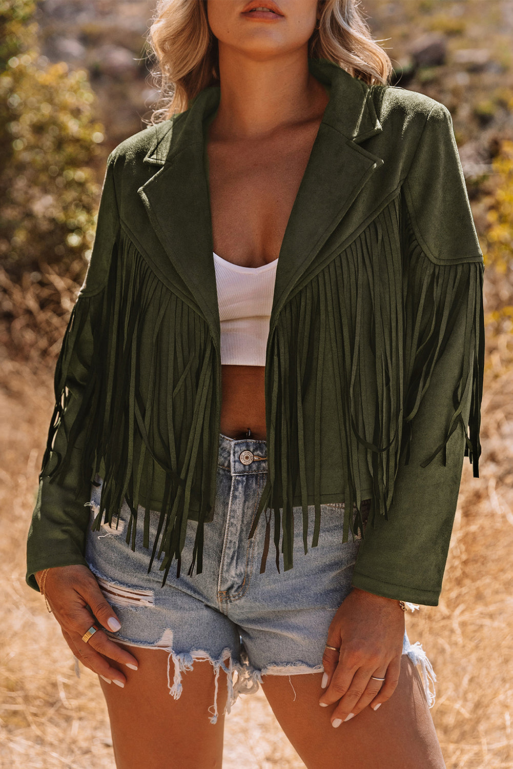 Veste verte à franges courtes en pseudo daim