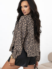 Dunkler Khaki-Leopardenmuster Cordjacke mit unregelmäßigem Saum und Knöpfung - Miniatuur