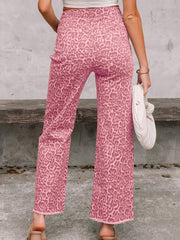 Brown Leopard Frayed Edge Wide Leg High Waist Jeans - Damesmode Afbeelding 5 - Miniatuur