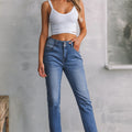 Sky Blue Double Button Raw Hem Slim Fit Jeans - Foto 5