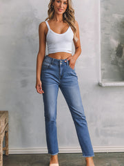 Sky Blue Double Button Raw Hem Slim Fit Jeans - Miniatuur