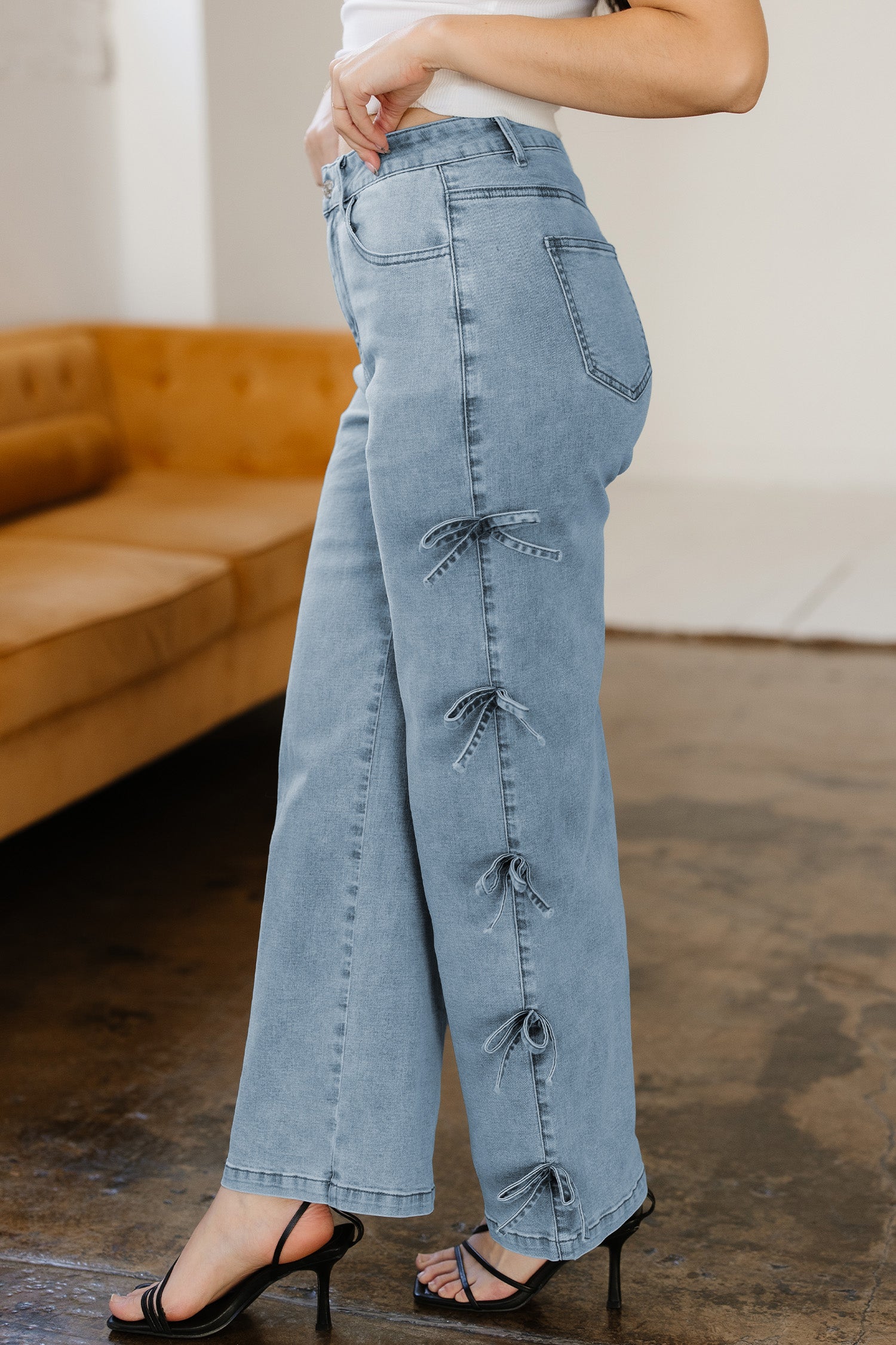 Hvid sløjfeknude sidedetalje Lige ben Løse jeans