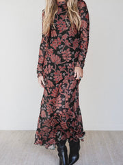 Robe décontractée en maille décontractée à manches longues à imprimé fleuri rétro noir - Image de mode féminine 3 - Miniatuur