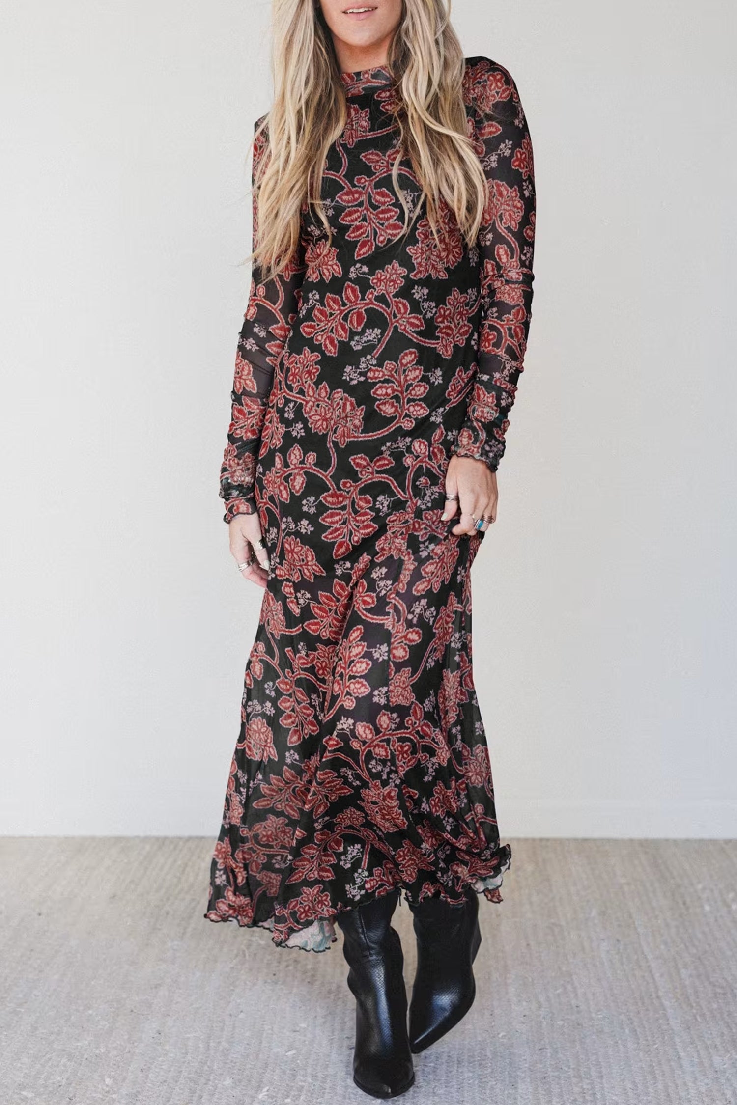 Black Retro Floral Print Long Sleeve Casual Mesh Dress - Women's Fashion Image 3