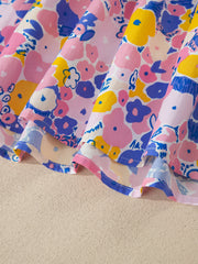 Mini-robe ample à manches flottantes à manches flottantes à motifs floraux multicolores à manches rayées, col carré - Miniatuur