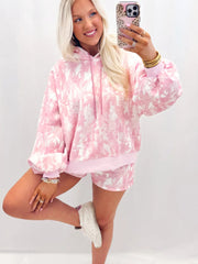 Pink Abstract Print Loose Hoodie Slim Shorts 2pcs Set - Miniatuur