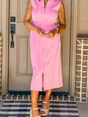 Pink V Neck Sleeveless Double Zip Shift Midi Dress - Miniatuur