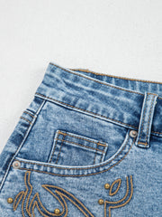 Dusk Blue Western Embroidery Stud Denim Shorts Summer Daily Wear - Miniatuur