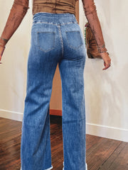 Kaffee-High-Waist-Button-Jeans mit Griff und Naht mit Rohsaum-Flare-Decke - Miniatuur