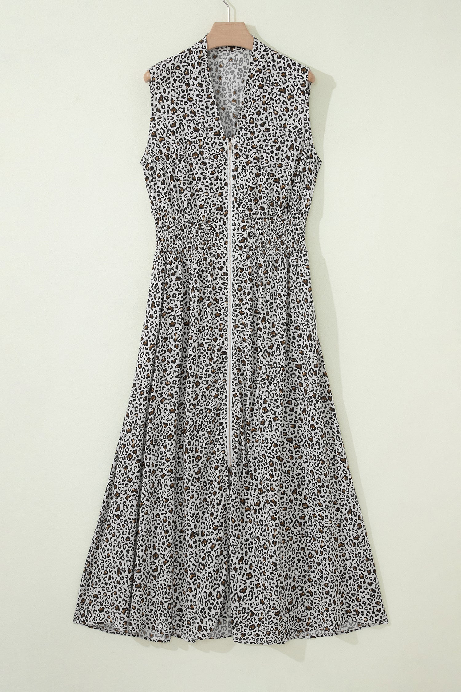 Beige Leopard Zip Front V Neck Cinched Waist Sleeveless Maxi Dress - Damesmode Afbeelding 5
