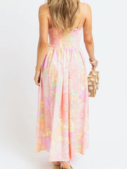 Pink Spaghetti Straps Floral Shirred High Waist Dress - Miniatuur