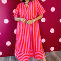 Red Stripe V Neck Cuffed Sleeve Relaxed Split Midi Dress - Foto 6