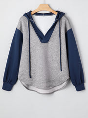 Ljusgrå färgblock-patchwork V-hals dragsko-hoodie - Miniatuur