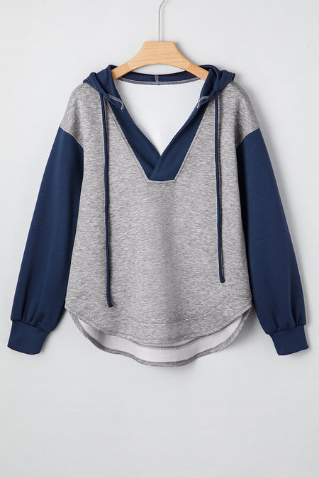 Light Grey Color Block Patchwork V Neck Capuchontrui met Trekkoord - Detail