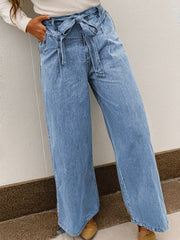 Beau Blue Western Washed Bow Knot Sash Wide Leg Jeans - Damesmode Afbeelding 1 - Miniatuur